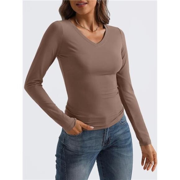 Sleeve Shirts for Women  Fall Fashion V Neck Basics Crop Tops Layering Slim - Picture 6 of 7